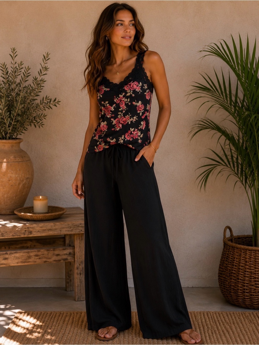 White House Black Market Black Floral Lace-Trim Camisole